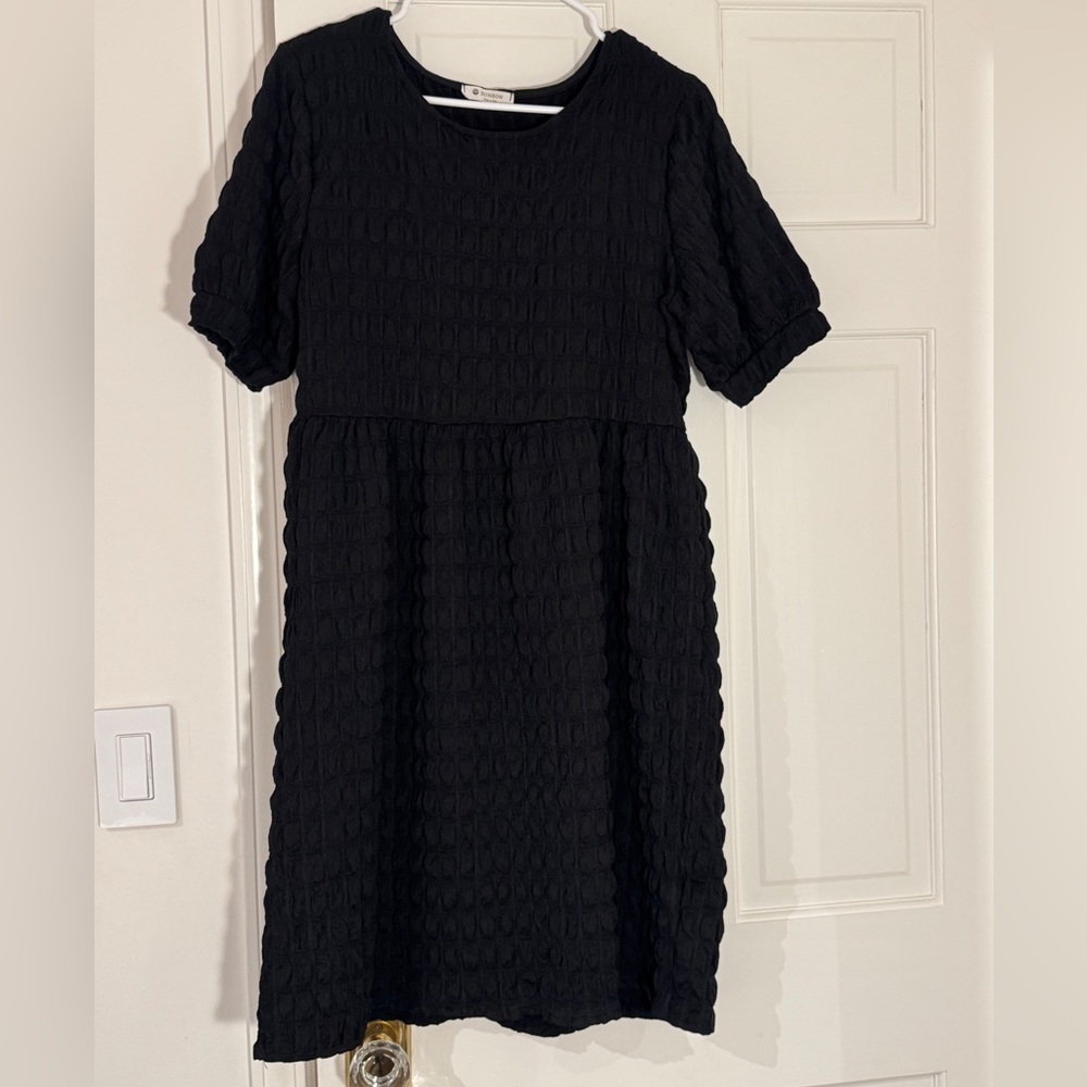 Black Textured Short-Sleeve Midi Dress